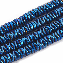 Blue Plated Electroplate Non-magnetic Synthetic Hematite Beads Strands, Wavy, Flat Round/Disc, Blue Plated, 6~6.5x6~6.5x1.5~2mm, Hole: 1mm, about 215pcs/strand, 16.14 inch