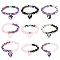 Mixed Stone Natural & Synthetic Round Beaded Stretch Bracelets, with Half Heart Charms, Inner Diameter: 2-1/4 inch(5.75cm)