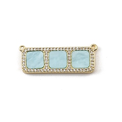 Sky Blue Brass Micro Pave Clear Cubic Zirconia Connector Charms, with Resin, Rectangle with Square Links, Rack Plating, Long-Lasting Plated, Cadmium Free & Lead Free, Real 18K Gold Plated, Sky Blue, 12x32x3mm, Hole: 1mm
