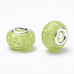 Light Green Crackle Resin European Beads, Large Hole Beads, with Silver Color Plated Brass Cores, Rondelle, Light Green, 13.5~14x8.5~9mm, Hole: 5mm