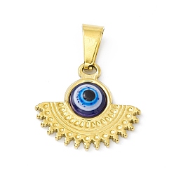 Midnight Blue Vacuum Plating 304 Stainless Steel Resin Pendants, Golden, Fan Charms with Evil Eye, Midnight Blue, 16x18.5x4mm, Hole: 6.5x3mm