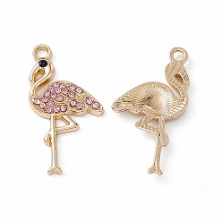 Light Padparadscha Alloy Rhinestone Pendants, Flamingo Charm, Light Gold, Light Padparadscha, 28x15x2.5mm, Hole: 2mm