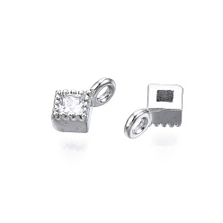 Real Platinum Plated 925 Sterling Silver Cubic Zirconia Charms, Nickel Free, Rhombus, Real Platinum Plated, 6x4x2mm, Hole: 1mm