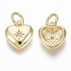 Real 18K Gold Plated Brass Micro Pave Cubic Zirconia Charms, with Jump Ring, Nickel Free, Heart with Star, Clear, Real 18K Gold Plated, 10x9x3.5mm, Hole: 3mm