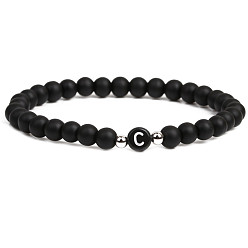Dumb Black Stone C 6mm Matte Agate Stone Beaded Letter Bracelet for Men and Couples Jewelry