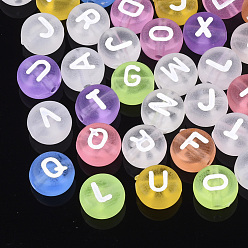 Mixed Color Transparent Acrylic Beads, Horizontal Hole, Flat Round with Letter, Mixed Color, 7x3.5mm, Hole: 1.2mm, about 3300pcs/500g