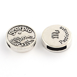 Scorpio Antique Silver Plated Tibetan Style Flat Round Alloy Slide Charms, with Constellation/Zodiac Sign, Cadmium Free & Lead Free, Scorpio, 17~18x5mm, Hole: 11x3mm, about 282pcs/1000g