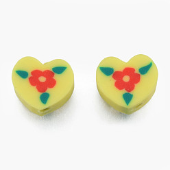 Yellow Handmade Polymer Clay Beads, Heart with Flower, Yellow, 9~9.5x10~10.5x4.5~5mm, Hole: 1.6mm