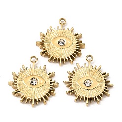 Real 24K Gold Plated Ion Plating(IP) 316 Stainless Steel with Rhinestone Pendants, Sun with Eye Charm, Real 24K Gold Plated, 17x15x2.5mm, Hole: 1.6mm
