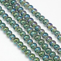 Vert Mer Moyen Cristal plaquent perles rondes de fils de verre, couleur arc-en-plaqué, vert de mer moyen, 6mm, Trou: 1mm, Environ 69 pcs/chapelet, 16.1 pouce