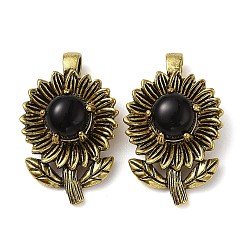 Obsidian Natural Obsidian Pendants, with Rack Plating Antique Golden Tone Brass Findings, Cadmium Free & Lead Free, Flower Charms, 34x22x15mm, Hole: 8x4.5mm