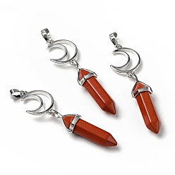 Red Jasper Natural Red Jasper Double Terminated Pointed Big Pendants, with Platinum Tone Brass Findings, Cadmium Free & Lead Free, Moon with Bullet, Faceted, 70~75mm, Hole: 4.6x8mm