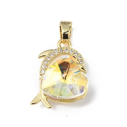 Light Goldenrod Yellow Real 18K Gold Plated Rack Plating Brass Micro Pave Clear Cubic Zirconia Pendants, with Glass, Long-Lasting Plated, Cadmium Free & Lead Free, Dolphin with Heart Charm, Light Goldenrod Yellow, 20.5x17x8mm, Hole: 5.5x3.5mm