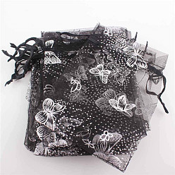 Black Rectangle Printed Organza Drawstring Bags, Silver Stamping Butterfly Pattern, Black, 12x10cm