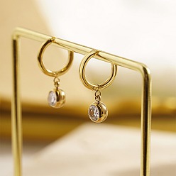 Golden Cubic Zirconia Flat Round Dangle Earrings, 304 Stainless Steel Earrings, Golden, 25mm