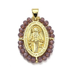 Rosy Brown Brass with Glass Pendants, Cadmium Free & Lead Free, Real 18K Gold Plated, Oval with Virgin Mary Pattern, Rosy Brown, 25~26x19~19.5x3~3.5mm, Hole: 3x3.5mm