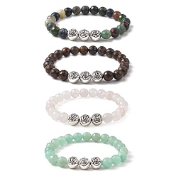 Mixed Color Mixed Natural Gemstone Beaded Bracelets, with Tibetan Style Alloy Rose, Mixed Color, 3/8 inch(0.8~0.95cm), Inner Diameter: 2-1/8 inch(5.3cm)
