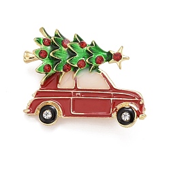 Golden Colorful Christmas Tree with Car Enamel Pin with Rhinestone, Alloy Badge for Backpack Clothes, Golden, 27x34x10mm