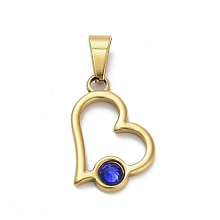 Капри Синий 304 подвески из нержавеющей стали, со стразами, ионное покрытие (ip), сердце, золотые, Капри синий, 21.5x14x3 мм, отверстие : 7x3 мм