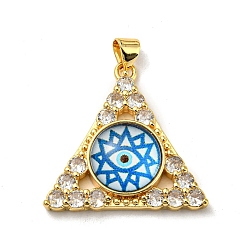 Cornflower Blue Real 18K Gold Plated Brass Pendants, with Glass and Acrylic, Triangle With Evil Eye Charms, Cornflower Blue, 27x28x7mm, Hole: 4x3.5mm