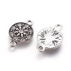 Antique Silver Tibetan Style Alloy Links connectors, with Rhinestone, Flat Round with Flower, Crystal, Antique Silver, 20x13x3mm, Hole: 1.8mm