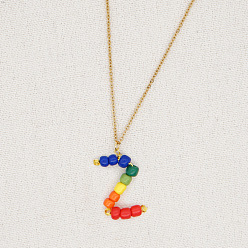 GZ-N200012Z Handmade Rainbow Beaded Couples Necklace with Stainless Steel Lock Pendant - 26 Alphabet Letters for Beach Vacation