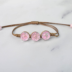 Pink Triple Round Glass Braided Bead Bracelet, Pressed Flower Adjustable Bracelet for Women, Pink, Beads: 12mm