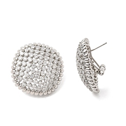 Платина Плоские круглые серьги-гвоздики из латуни с микропаве и прозрачным фианитом, долговечный, стойки покрытие, без свинца и без кадмия, платина, 30x29.5 мм