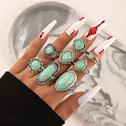 Aquamarine Synthetic Turquoise Finger Rings Set, Gothic Alloy Jewelry for Women, Aquamarine, Inner Diameter: 16~18mm, 1Pc/style, 8Pcs/set