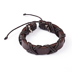 Coconut Brown Adjustable Leather Cord Bracelets, with Waxed Cord, Coconut Brown, 60~68mm
