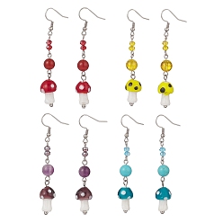 Mixed Color 4 Pair 4 Style Natural & Synthetic Mixed Gemstone with Lampwork Mushroom Dangle Earrings, 316 Surgical Stainless Steel Long Tassel Drop Earrnigs for Women, Mixed Color, 69~70mm, Pin: 0.6mm, 1 Pair/style