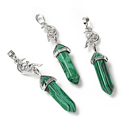 Malachite Synthetic Malachite Double Terminated Pointed Big Pendants, with Platinum Tone Brass Findings, Cadmium Free & Lead Free, Moon with Fairy & Bullet, Faceted, 62~66mm