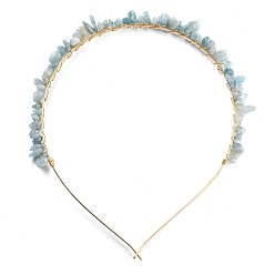Aquamarine Brass Wire Wrapped Natural Aquamarine Chip Hair Bands, with 304 Stainless Steel Hair Hoop, Hair Accessories for Women Girls, 140~152x125~135x6~10mm, Inner Diameter: 120mm
