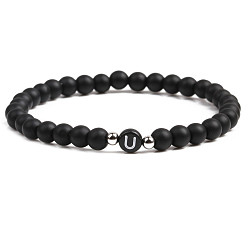 Dumb Black Stone U 6mm Matte Agate Stone Beaded Letter Bracelet for Men and Couples Jewelry