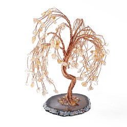 Yellow Quartz Natural Yellow Quartz Tree Display Decoration, Agate Slice Base Feng Shui Ornament for Wealth, Luck, Rose Gold Brass Wires Wrapped, 64~95x75~125x140~170mm