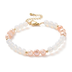 Opalite Beaded Bracelets, with Natural Pearl Beads, Opalite Beads and Golden Plated Brass Chain Extender and Spacer Beads, 7-1/8 inch(18.1cm)