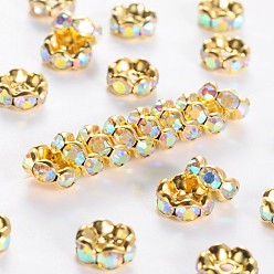 Clear AB Brass Rhinestone Spacer Beads, Grade A, Rondelle, Golden and Nickel Free, AB Color, Clear AB about 8mm in diameter, 3.8mm thick, hole: 1.5mm