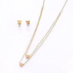 Golden 304 Stainless Steel Jewelry Sets, Stud Earrings and Pendant Tiered Necklaces, Heart, Golden, Necklace: 18.1 inch(46cm), 1.5mm, Stud Earrings: 7x8x1.2mm, Pin: 0.8mm