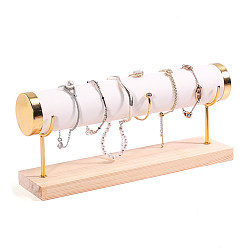 White PU Leather T Bar Bracelet Display Rack, Jewelry Organizer Holder with Woode Base, for Bracelets Watch Storage, White, 29x7x12.5cm