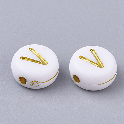 Letter V Plating Acrylic Beads, Golden Metal Enlaced, Horizontal Hole, Flat Round with Alphabet, White, Letter.V, 7x3.5mm, Hole: 1.2mm, about 3600pcs/500g