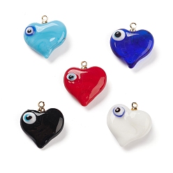 Mixed Color Handmade Evil Eye Lampwork Pendants, with Light Gold Tone Brass Findings, Long-Lasting Plated, Lead Free & Cadmium Free, Heart Charm, Mixed Color, 19x17.5~18.5x8.5~9mm, Hole: 1.4mm