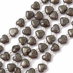 Pyrite Natural Pyrite Beads Strands, with Seed Beads, Heart, 8x8x4~4.5mm, Hole: 1mm, about 20pcs/strand, 7.56''(19.2cm)