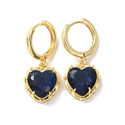 Темно-Синий Серьги-кольца в форме сердца из латуни и стекла ко Дню святого Валентина, без свинца и без кадмия, долговечный, стойки покрытие, реальный 18 k позолоченный, темно-синий, 28x12.5 мм