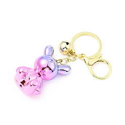 Pink Acrylic Rabbit Pendant Keychain, with Light Gold Tone Alloy Findings and Sonance Brass Bell, Cadmium Free & Lead Free, Pink, 9.5cm