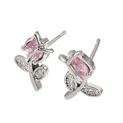 Platine Micro cuivres ouvrent zircone cubique boucles d'oreille, fleur, sans plomb et sans cadmium, crémaillère plaquage, plaqué longue durée, platine, 15x9mm