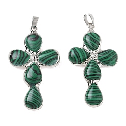 Malachite Synthetic Malachite Pendants, Cross Charms, with Platinum Tone Brass Findings, 38~41x22.5~23.5x5.5~6mm, Hole: 5.5x3.5mm