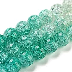 Green Spray Painted Crackle Glass Beads Strands, Gradient Color, Segmented Multi-color Beads, Round, Green, 10mm, Hole: 1mm, about 38pcs/strand, 15.28 inch(38.8cm)