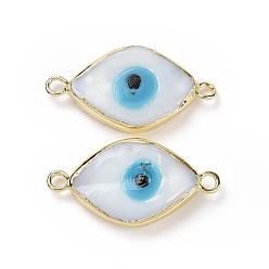 White Handmade Horse Eye Evil Eye Lampwork Links Connectors, with Golden Tone Brass Finding, Long-Lasting Plated, Cadmium Free & Lead Free, White, 14x28x5mm, Hole: 1.8mm