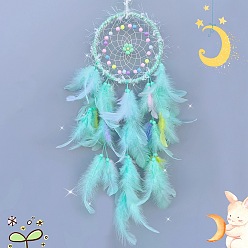 Aquamarine Woven Web/Net with Feather Decorations, with Iron Ring, for Home Bedroom Hanging Decorations, Flower, Aquamarine, 580mm