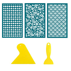 Teal 3Pcs 3 Styles Playing Card Flower Fan Polyester Silk Screen Printing Stencil, Reusable Polymer Clay Silkscreen Tool, for DIY Polymer Clay Earrings Making, with 2 Style Plastic Scraper, Teal, 160x100mm, 1pc/style